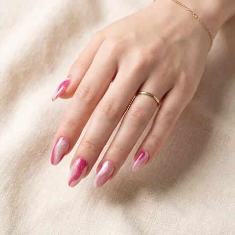 Fuşya pembe mermer krom efektli badem uçlu kalıcı oje — Sora Beauty Studio Suadiye