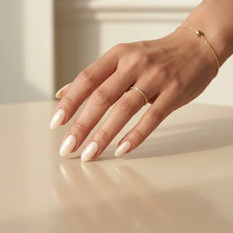 İnci beyazı krom badem uçlu kalıcı oje — Sora Beauty Studio